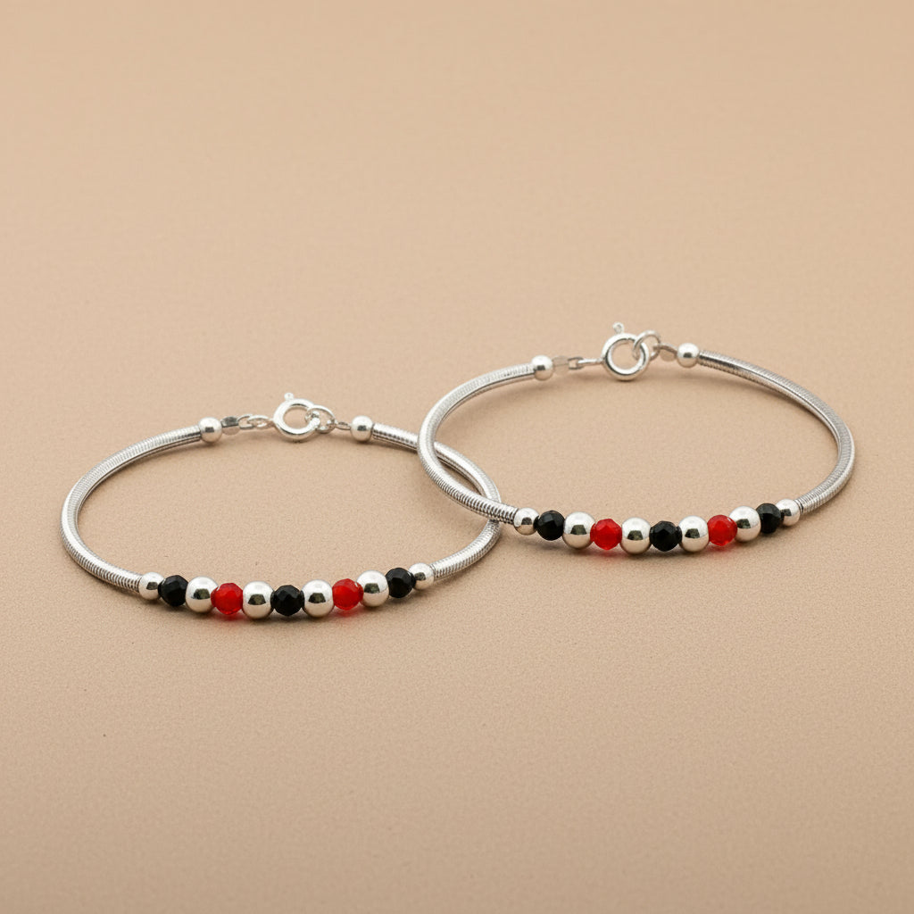 One Pair 925 Silver Nazariya Kada with Two Multicolor Beads (ideal for Newborns to 3 years age)