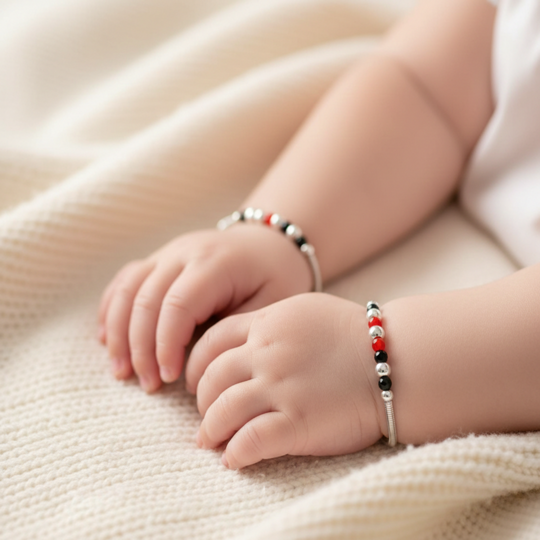 One Pair 925 Silver Nazariya Kada with Two Multicolor Beads (ideal for Newborns to 3 years age)
