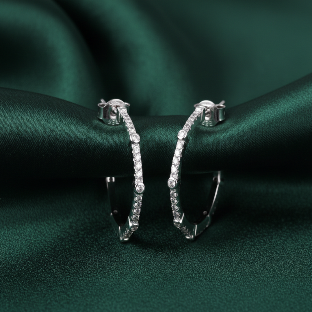 Pave and Bezel Half Hoop Earrings 925 Sterling Silver