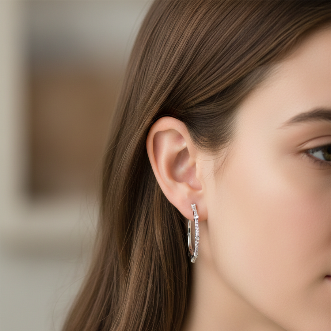 Pave and Bezel Half Hoop Earrings 925 Sterling Silver