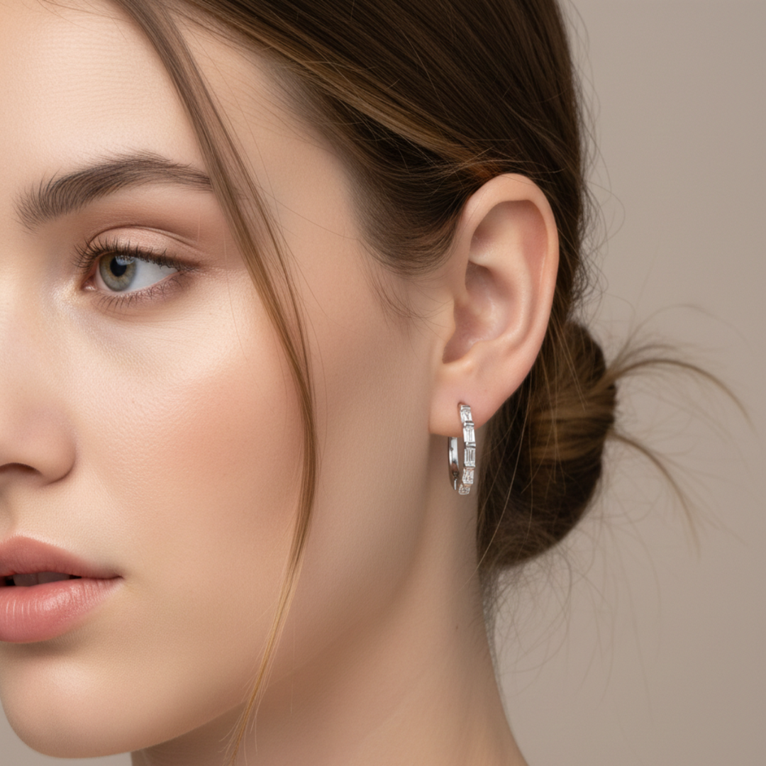 925 Sterling Silver Rhodium-Plated Silver Cubic Zirconia Classic Bali Earring