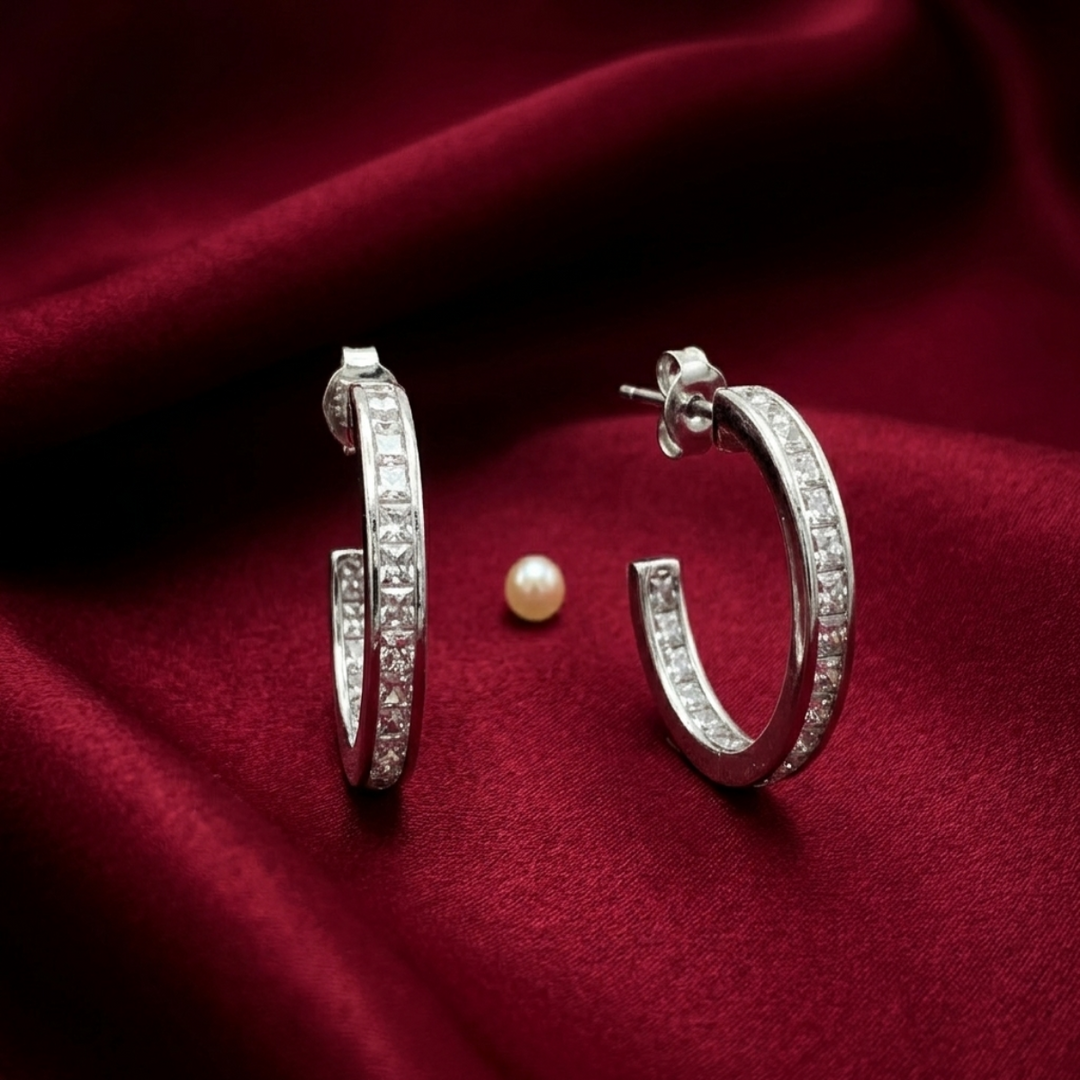 Classic 925 Silver Pavé Hoop Earrings with Dangle Crystal