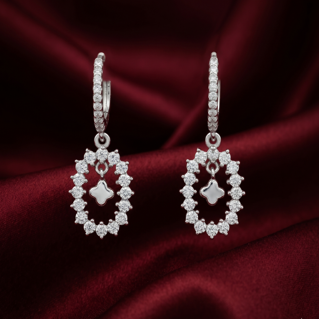 Elegant 925 Sterling Silver Diamond-Style Drop Hoop Earrings