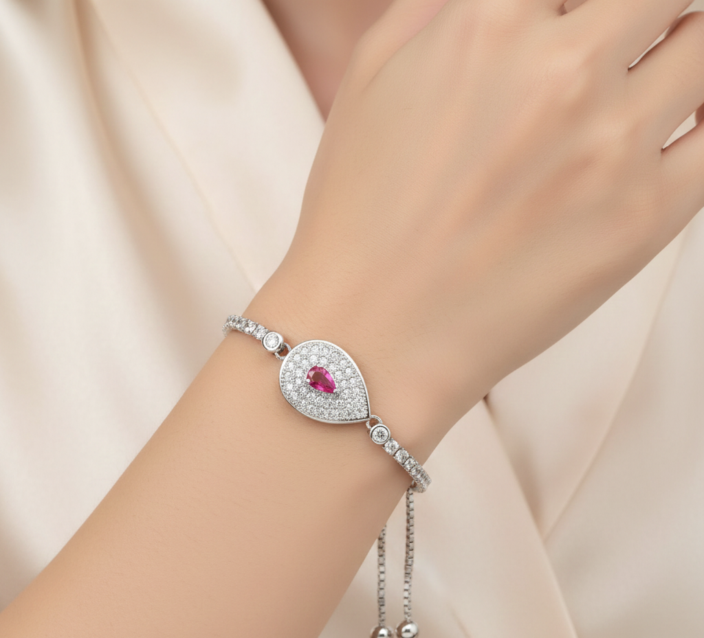 Pink Stone 925 Sterling Silver Bracelet with Adjustable Length