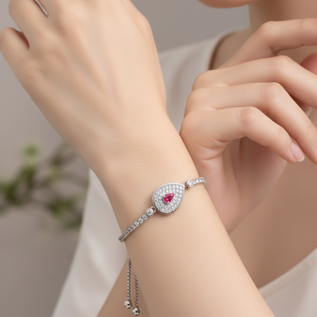 Pink Stone 925 Sterling Silver Bracelet with Adjustable Length
