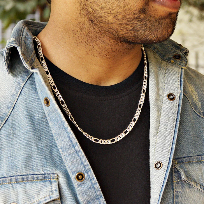 Cuban Figaro  925 Sterling Silver  Unisex Chains (Length 20 inches / 51 cm)
