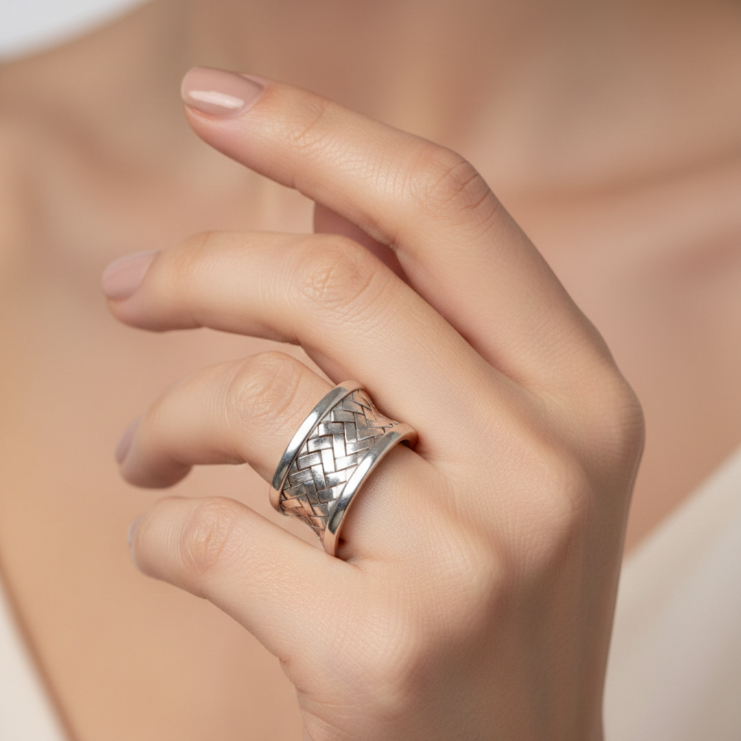 Handmade Knit Styled 925 Sterling Silver Ring - Adjustable Ring Size