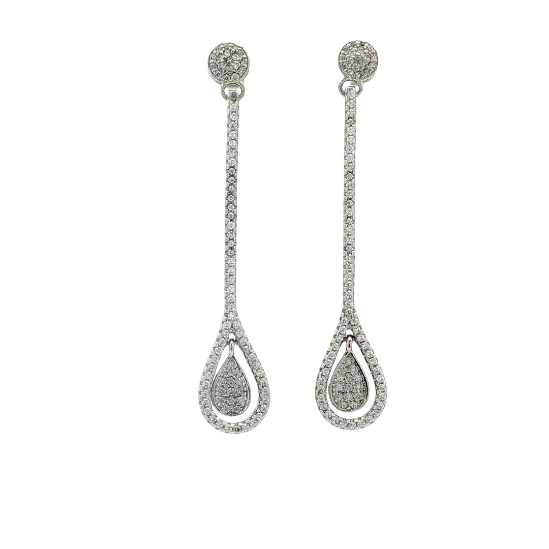 Twin Circle 925 Sterling Silver Cubic Zirconia Rhodium Plated Long Dangler Earrings