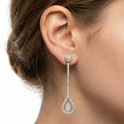 Twin Circle 925 Sterling Silver Cubic Zirconia Rhodium Plated Long Dangler Earrings