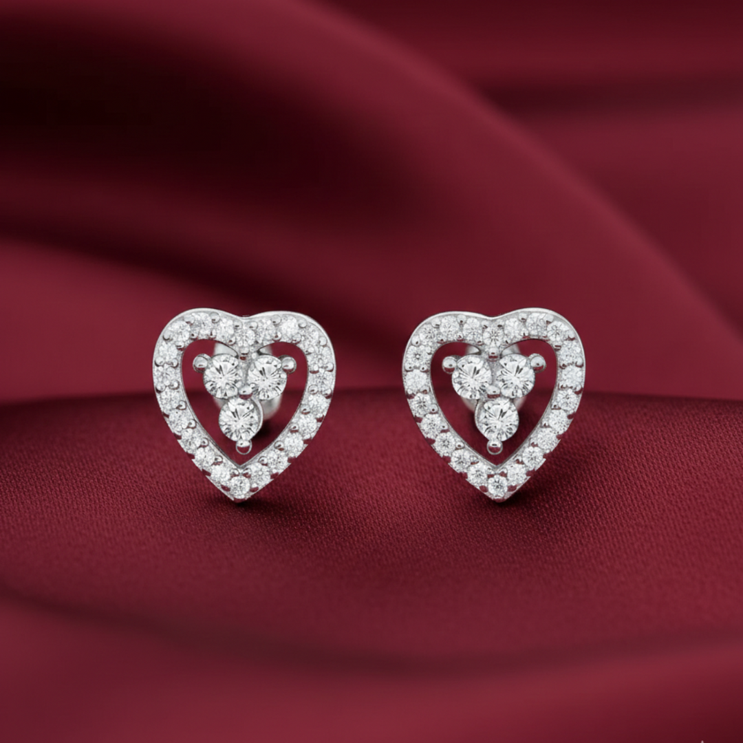 925 Sterling Silver Rhodium Plated Heart Shaped Studs Earrings