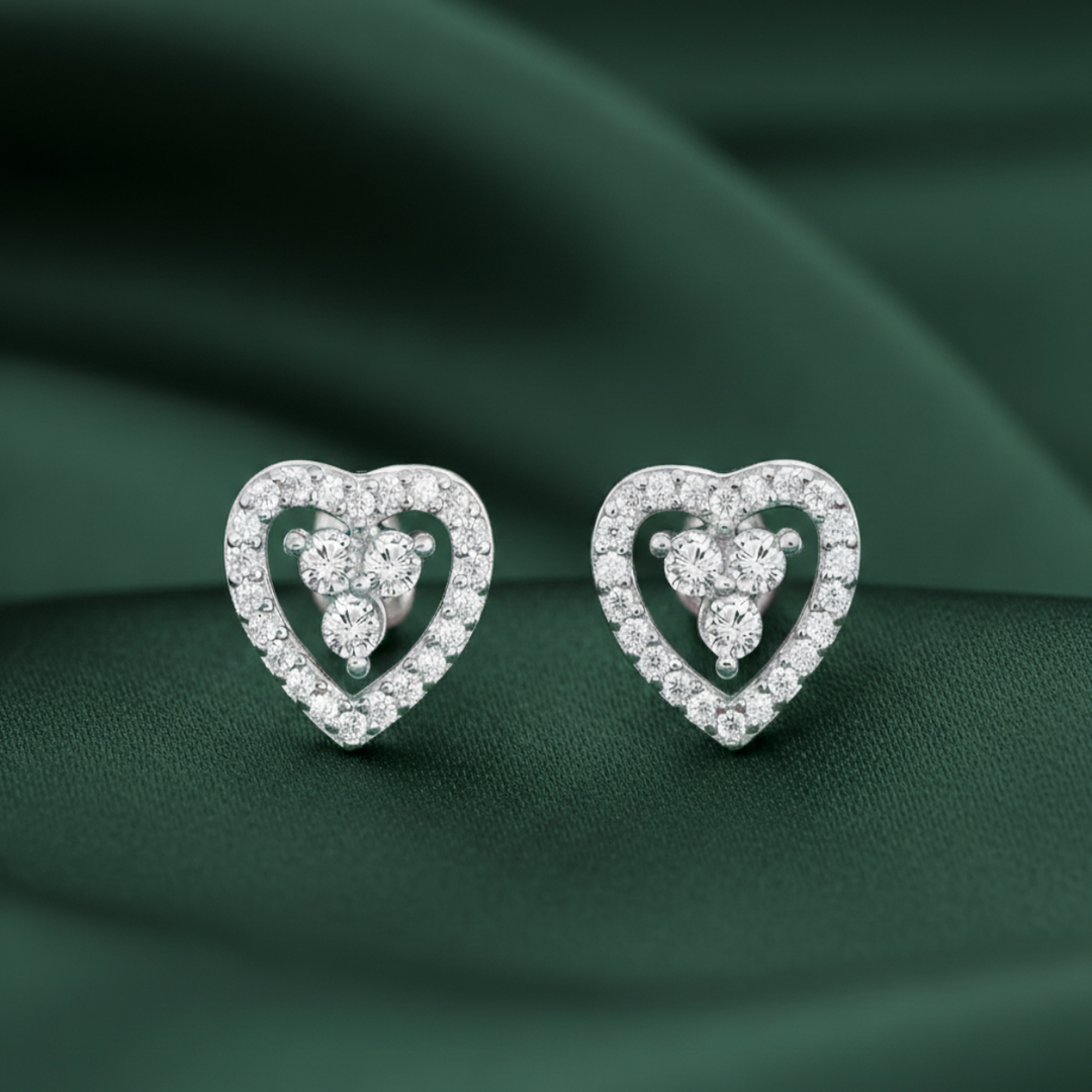 925 Sterling Silver Rhodium Plated Heart Shaped Studs Earrings