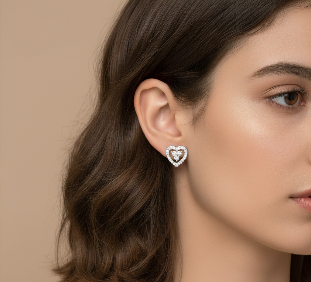 925 Sterling Silver Rhodium Plated Heart Shaped Studs Earrings