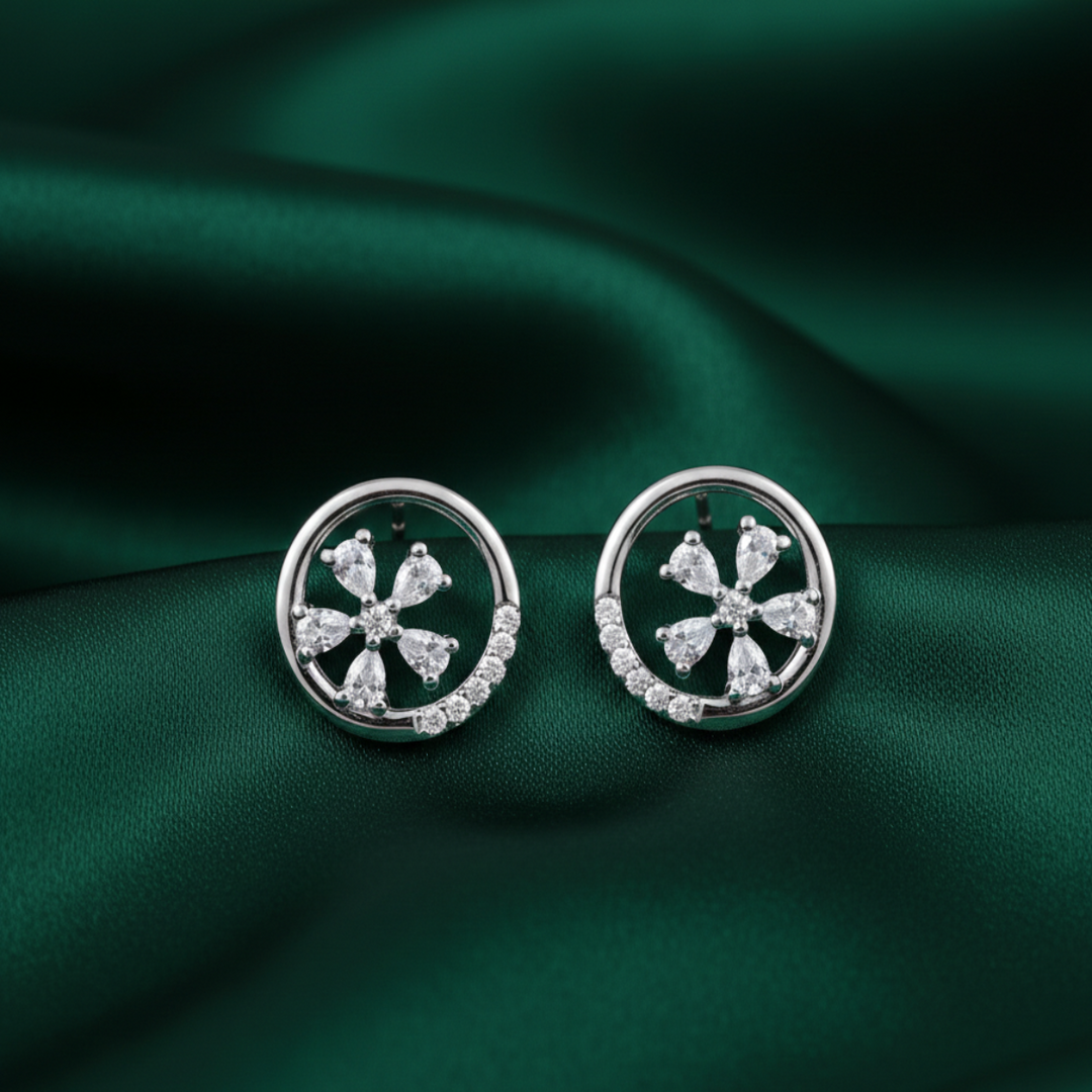 Aviator 925 Sterling Silver Rhodium Plated White Gold Diamond Stud Earrings