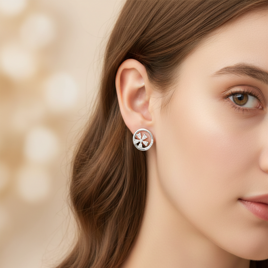 Aviator 925 Sterling Silver Rhodium Plated White Gold Diamond Stud Earrings