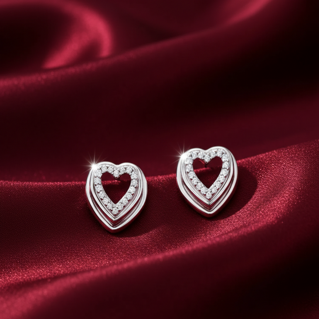 Divine Heart 925 Sterling Silver Rhodium-Plated Silver Cubic Zirconia Classic Studs Earrings