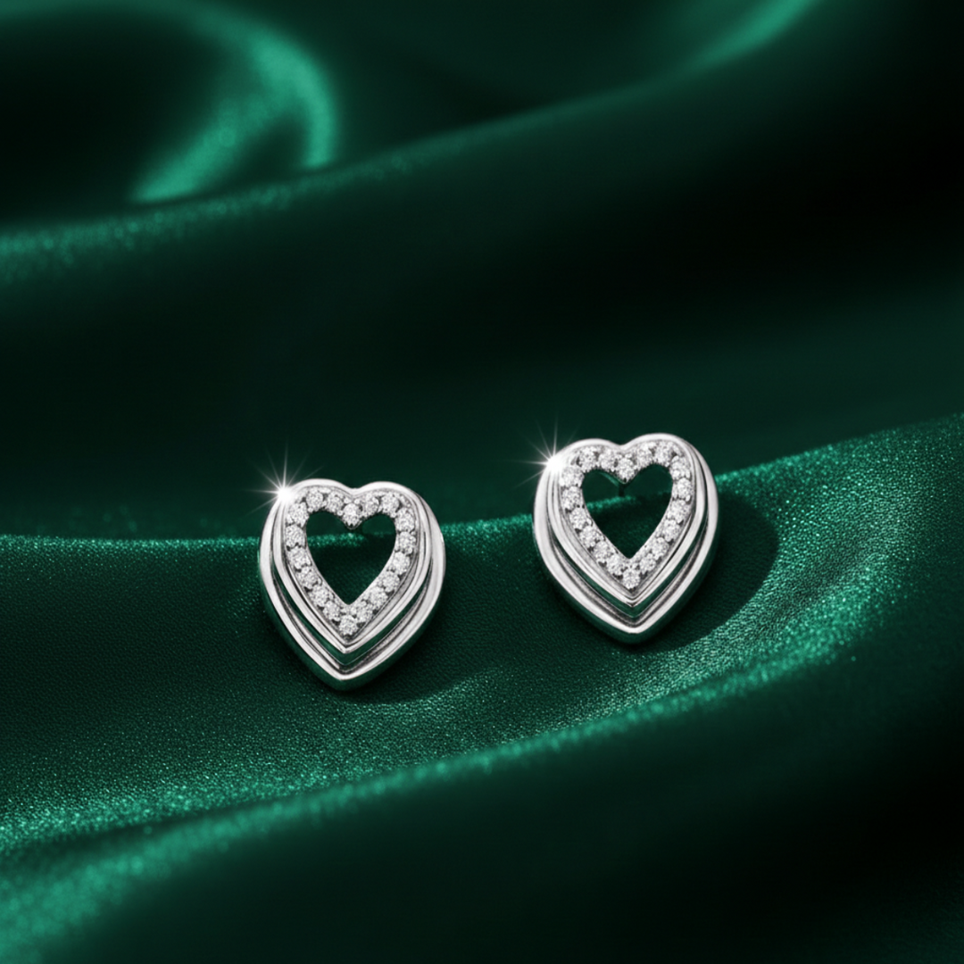 Divine Heart 925 Sterling Silver Rhodium-Plated Silver Cubic Zirconia Classic Studs Earrings