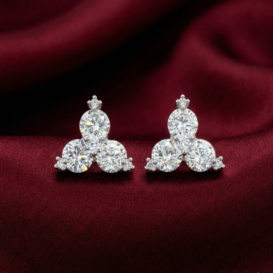 Elegant 925 Sterling Silver Triple Stone Stud Earrings