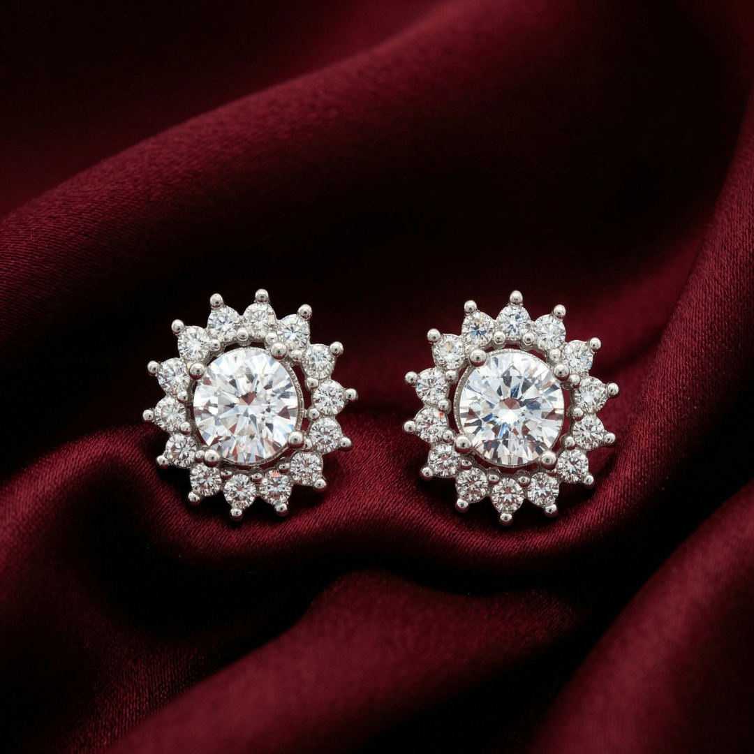 Elegant 925 Sterling Silver Halo Stud Earrings with Brilliant Cut Stones