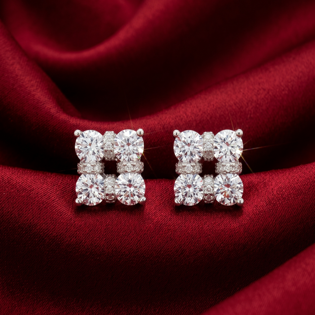 Luxury 925 Sterling Silver Sparkling Squire Shape Stud Earrings