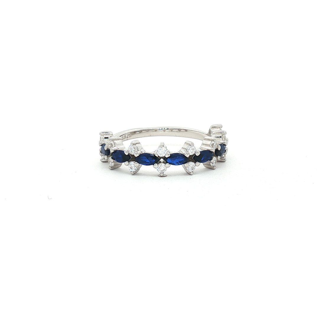925 Sterling Silver Marquise Blue Sapphire Style Ring with CZ Accents
