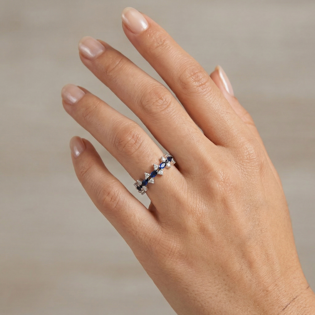 925 Sterling Silver Marquise Blue Sapphire Style Ring with CZ Accents