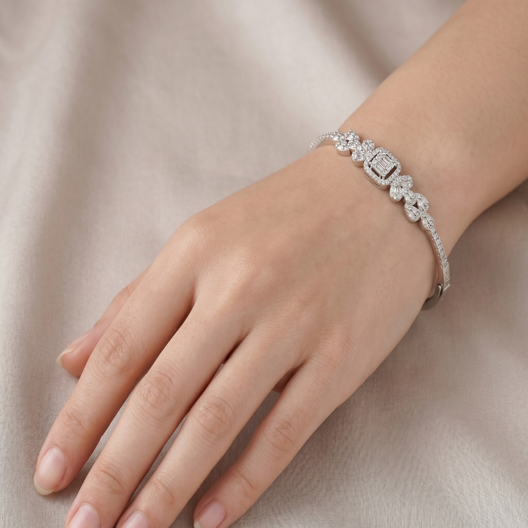 Emerald 925 Sterling Silver Double Row Pave Crystal Bangle Bracelet