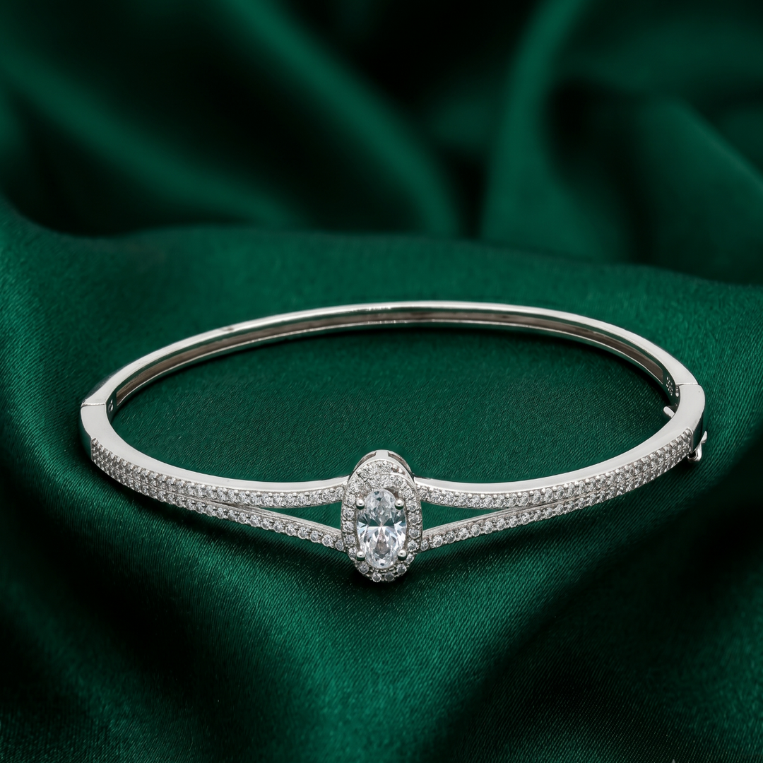 925 Sterling Silver Double Row Pave Crystal Bangle Bracelet