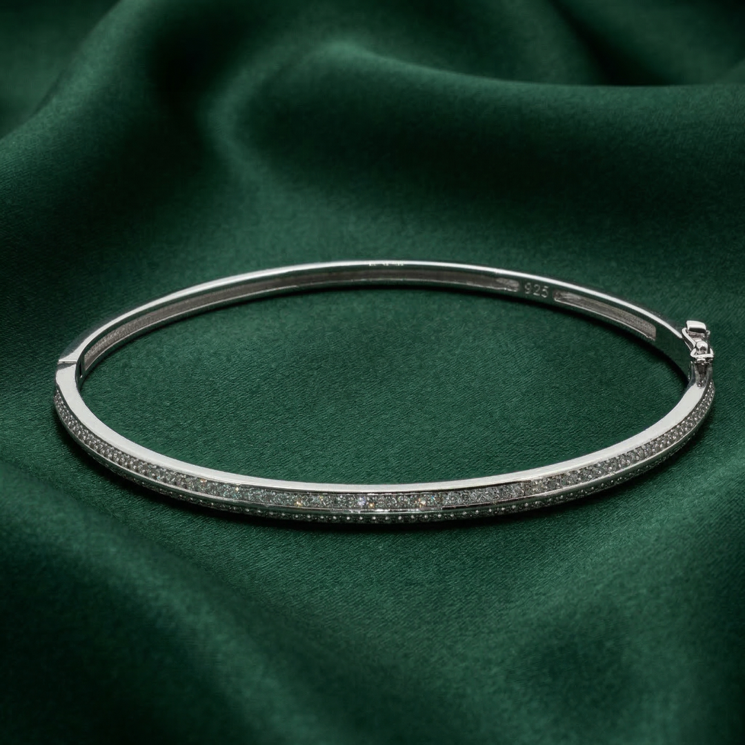 925 Sterling Silver Double Line Crystal Bangle Bracelet