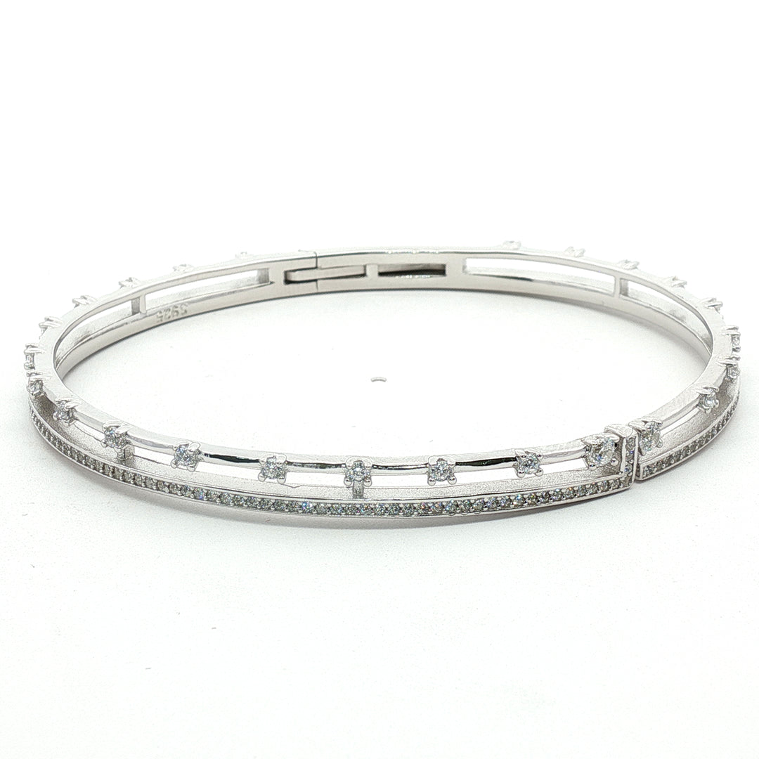 925 Sterling Silver Double Row Pave Crystal Bangle Bracelet