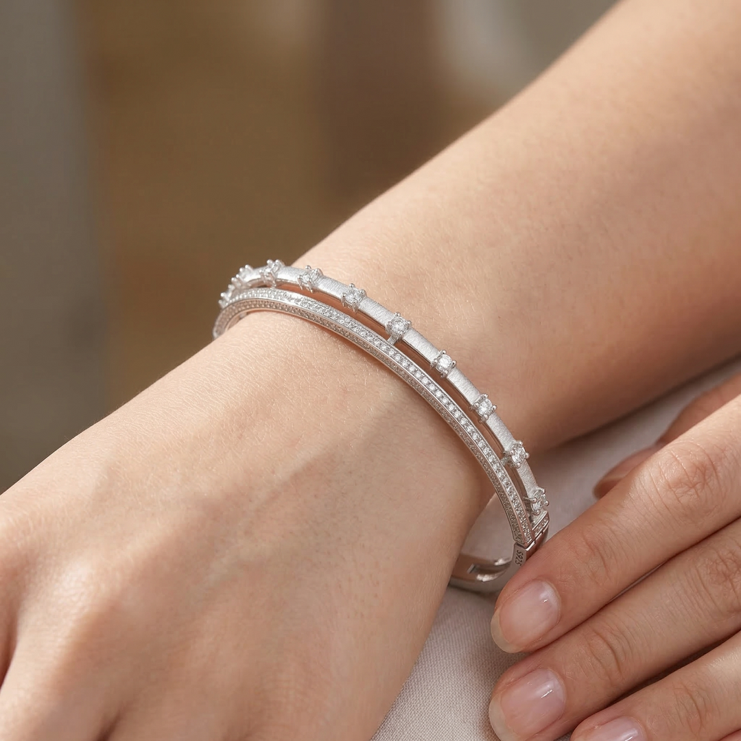 925 Sterling Silver Double Row Pave Crystal Bangle Bracelet