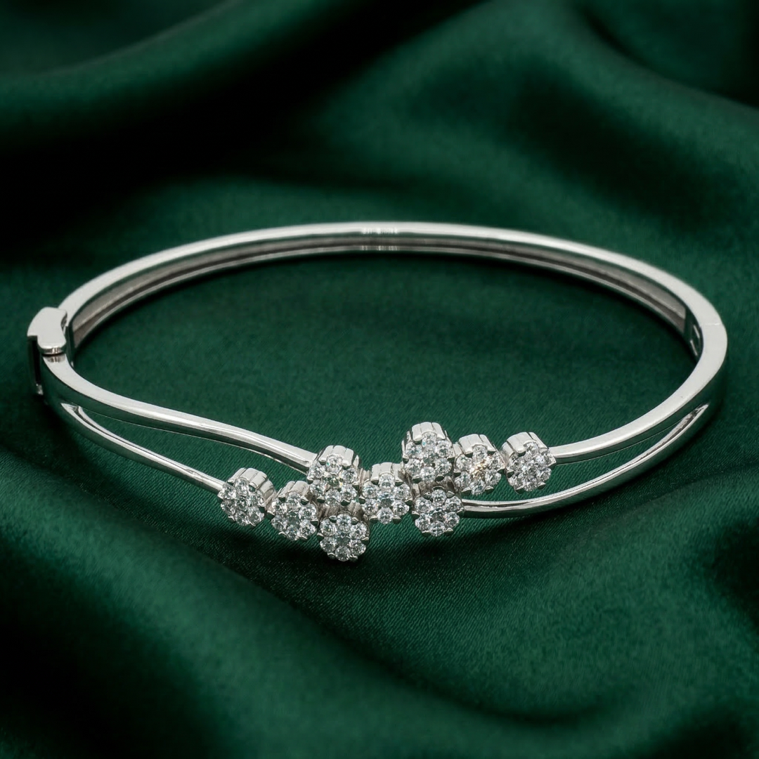 925 Sterling Silver CZ Floral Cluster Kada Bracelet
