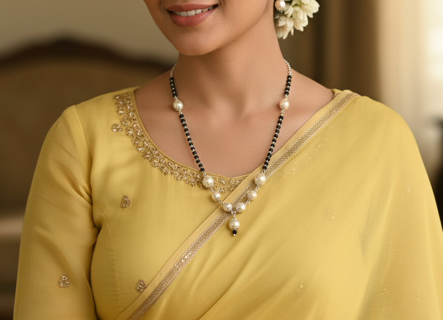 Pearl Mangalsutra in 925 Sterling Silver Rhodium Plated 17 inches