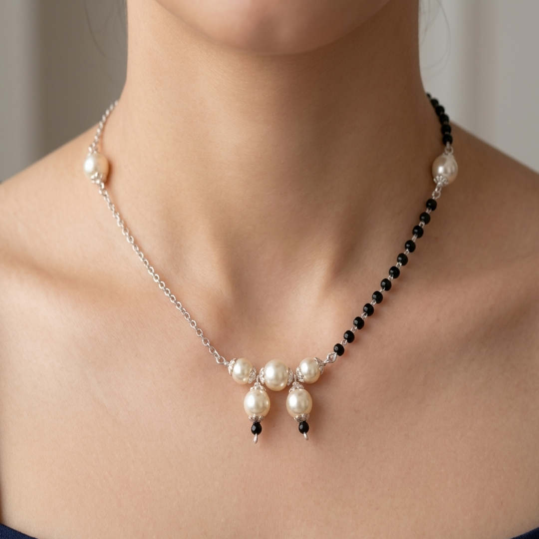 Pearl Mangalsutra in 925 Sterling Silver Rhodium Plated 20 inches