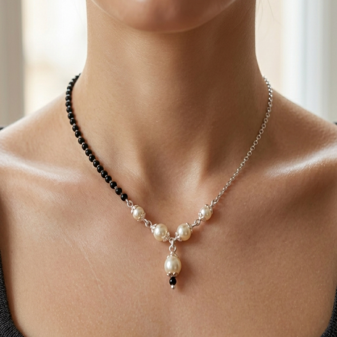 Pearl Mangalsutra in 925 Sterling Silver Rhodium Plated 17 inches