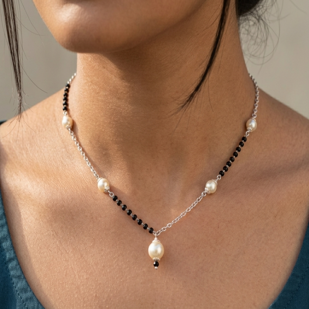Pearl Mangalsutra in 925 Sterling Silver Rhodium Plated 20 Inches