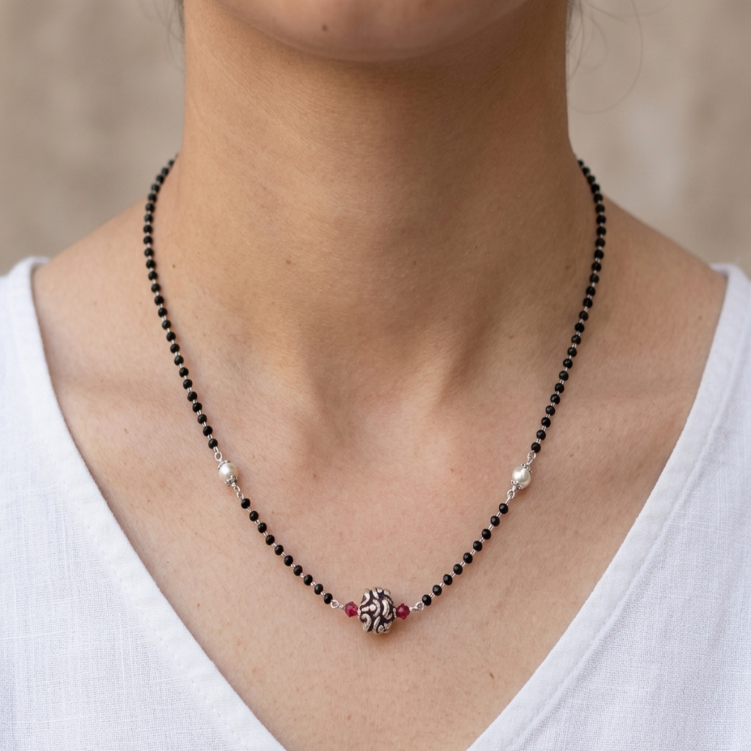 Pearl Mangalsutra in 925 Sterling Silver Rhodium Plated 20 inches