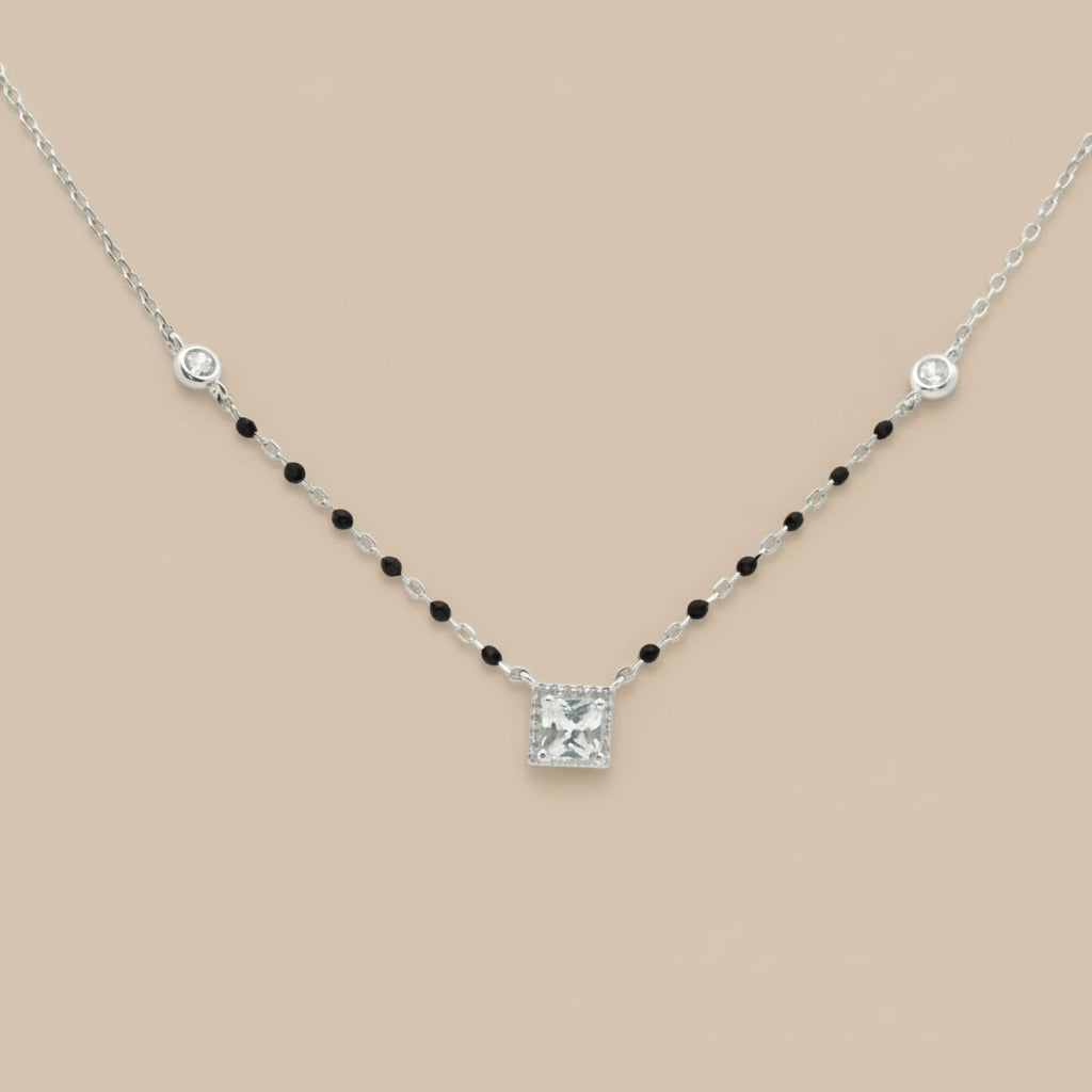 925 Sterling Silver Plated Stones Mangalsutra in Rhodium Plated 9 inches