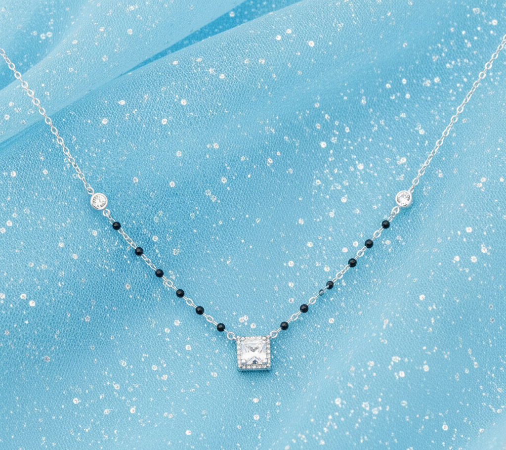 925 Sterling Silver Plated Stones Mangalsutra in Rhodium Plated 9 inches