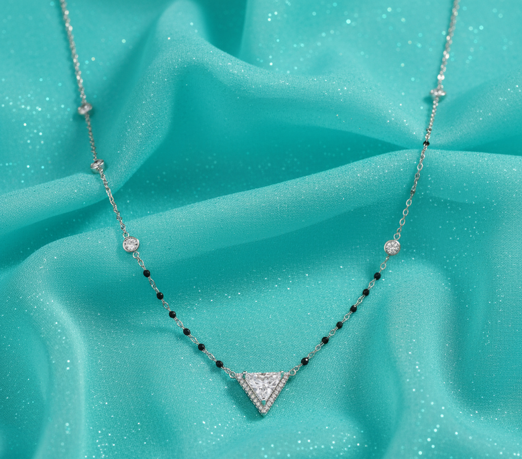 925 Sterling Silver Triangle Stones Mangalsutra in Rhodium Plated 9 inches