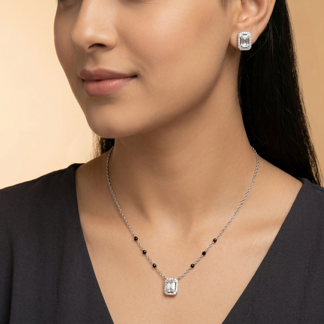 Mangalsutra With Earring in 925 Sterling Silver Rhodium Plated 9 inches