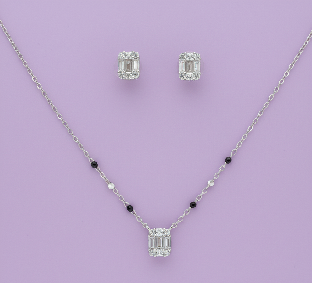 Mangalsutra With Earring in 925 Sterling Silver Rhodium Plated 9 inches