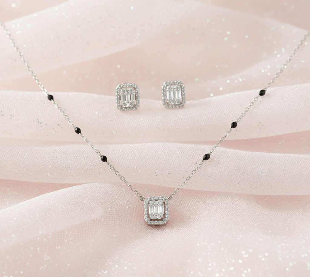 Mangalsutra With Earring in 925 Sterling Silver Rhodium Plated 9 inches