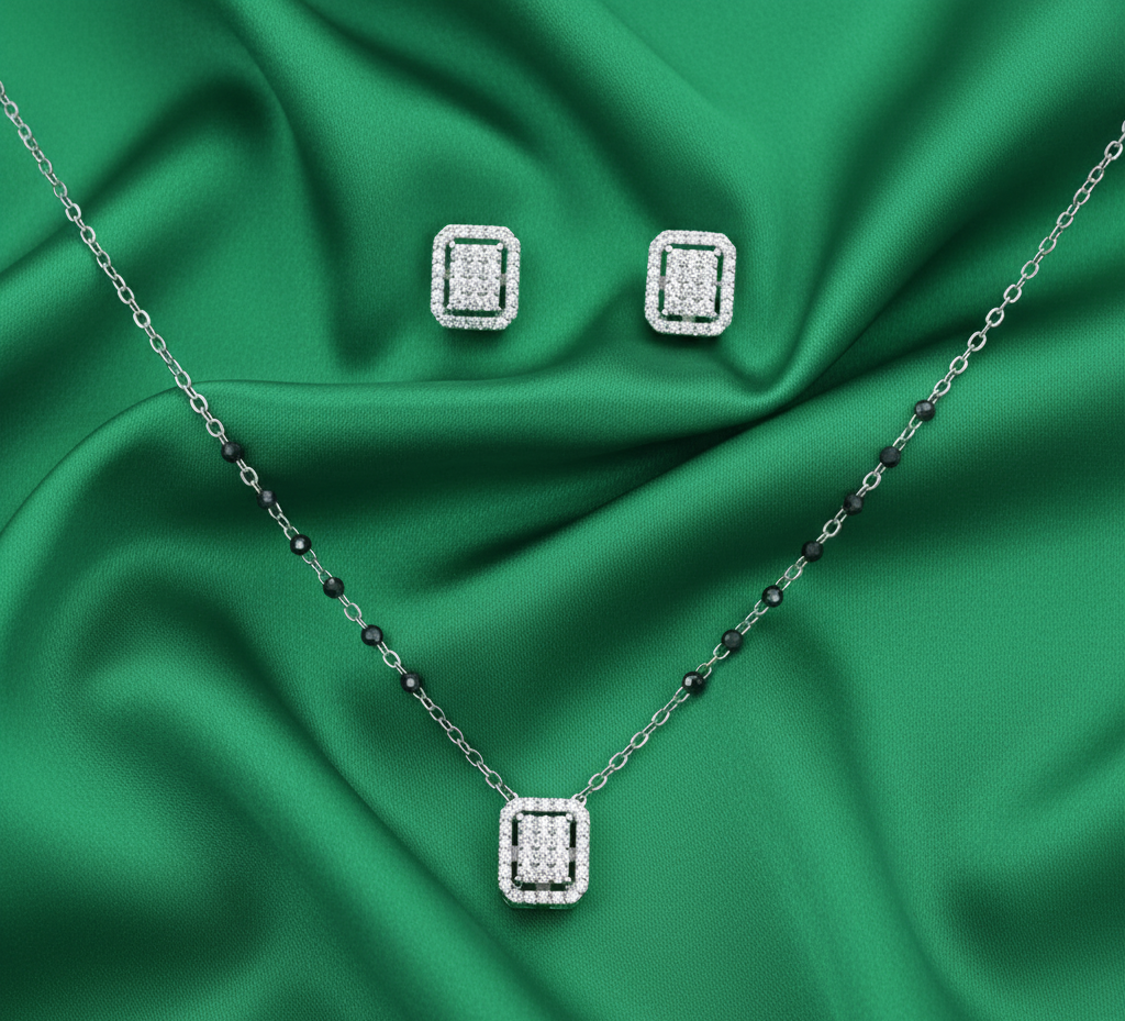 Mangalsutra With Earring in 925 Sterling Silver Rhodium Plated 9 inches