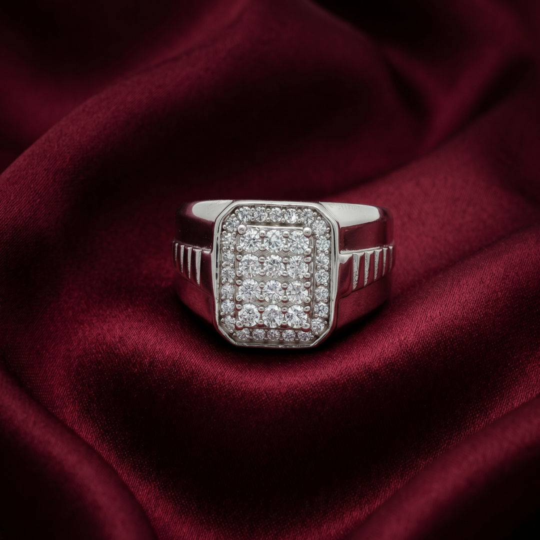 Men’s 925 Silver Diamond-Look Square Statement Ring