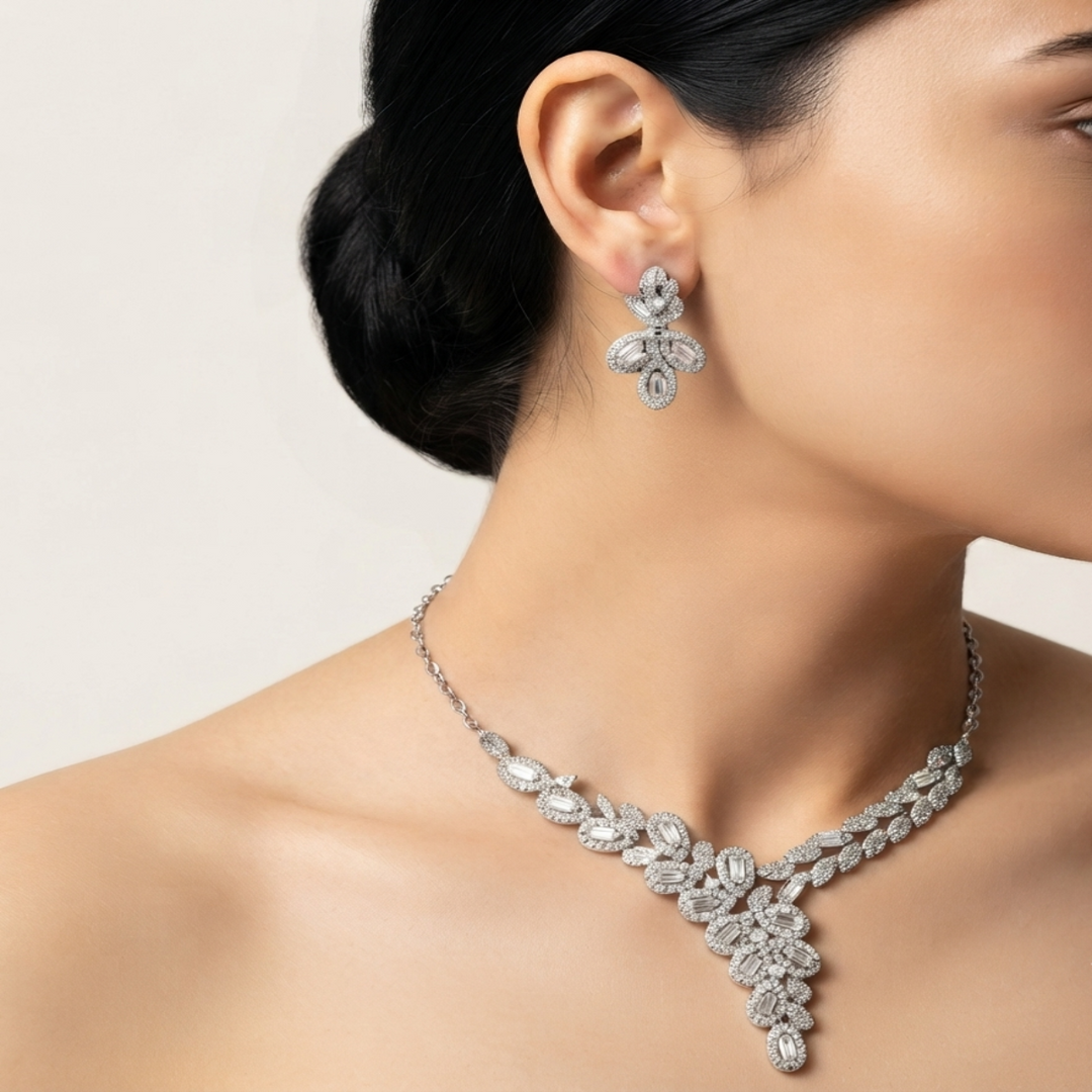 Premium 925 Silver Necklace & Earrings Set for Women