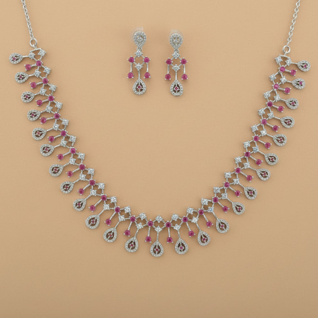 925 Sterling Silver Pink Necklace with Earring Set Studded With Cubic Zircons