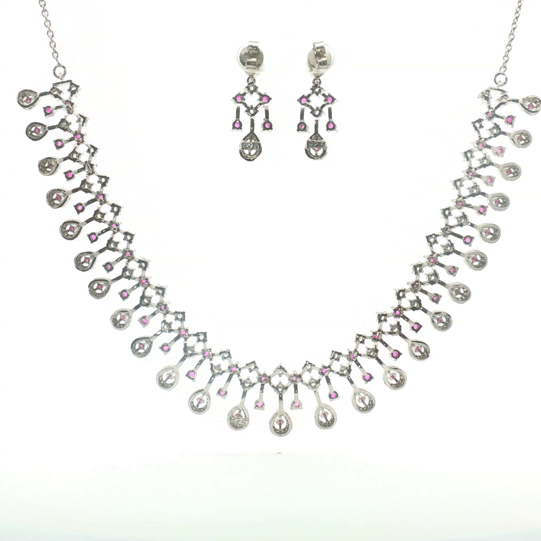 925 Sterling Silver Pink Necklace with Earring Set Studded With Cubic Zircons