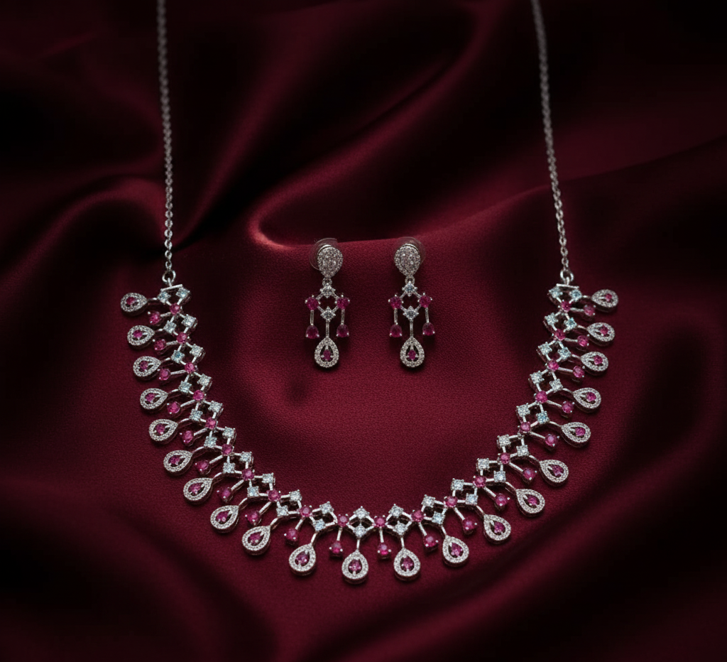 925 Sterling Silver Pink Necklace with Earring Set Studded With Cubic Zircons