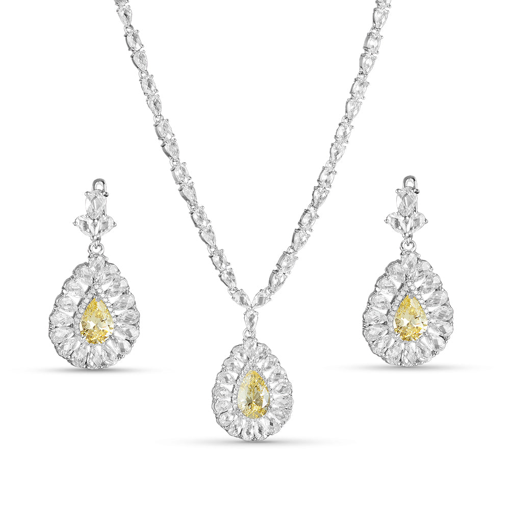 Signature Yellow 925 Sterling Silver Set of 4 pieces. Studded with Rose cut Cubic Zircons  (Necklace, Bracelet, Earring & Ring)