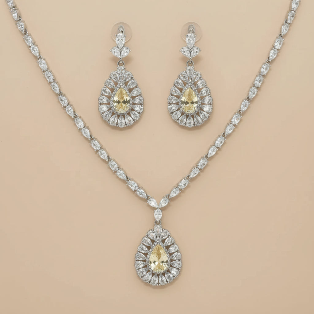 925 Sterling Silver Yellow Pendant Necklace with Earring Set Studded With Cubic Zircons